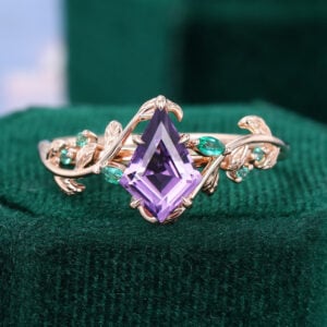 LeafLace Kite Cut Amethyst Engagement Ring with Emerald Accents (