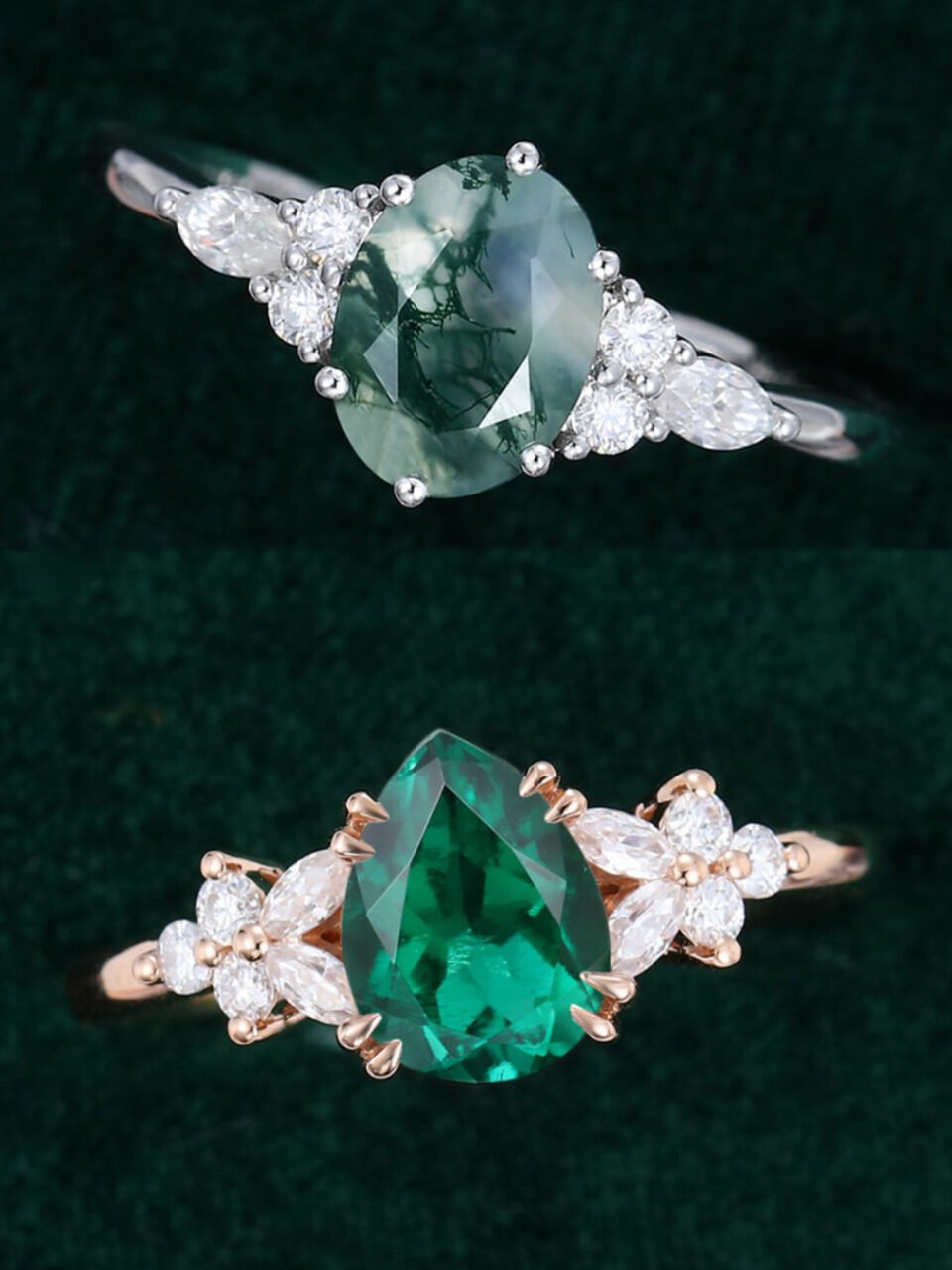 Moss Agate vs Emerald Rings