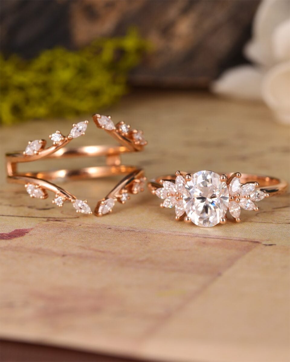 rose gold oval moissanite ring set