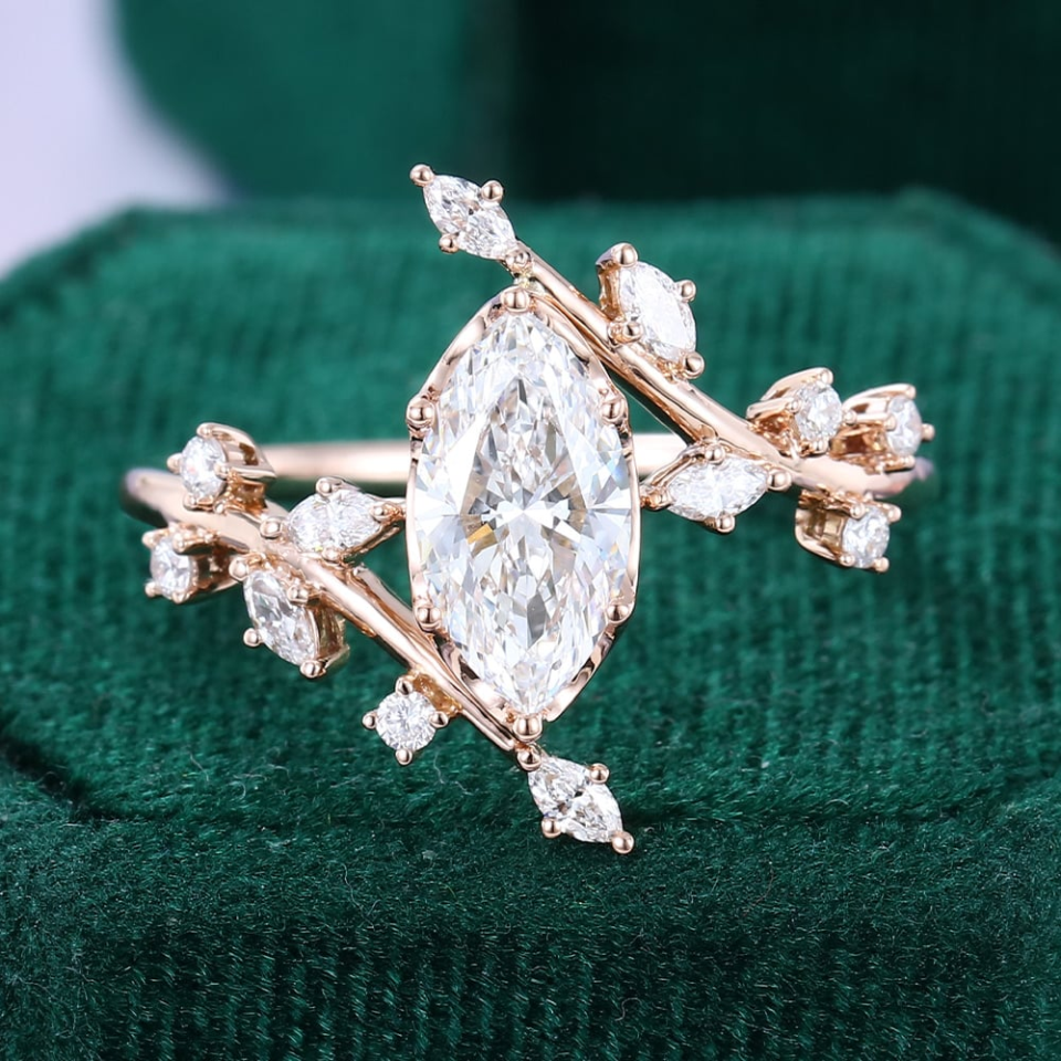 marquise cut lab diamond nature inspired engagement ring