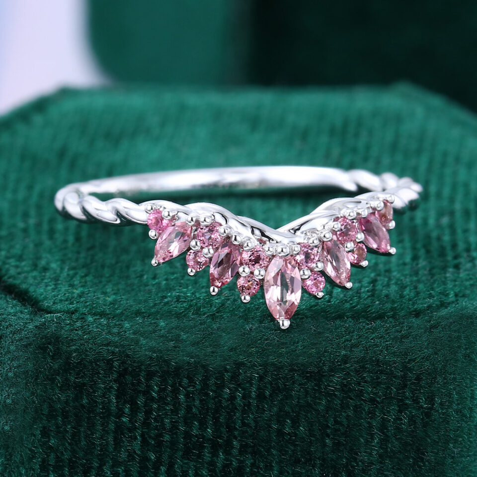 Alternating Marquise & Round Pink Sapphire Curved Wedding Band Stacking Anniversary Ring (6)
