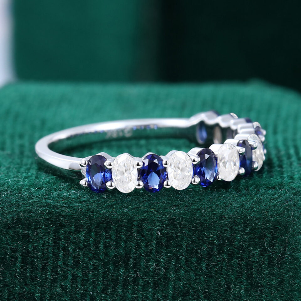Alternating Sapphire & Moissanite Wedding Band Half Eternity Stacking Ring (2)