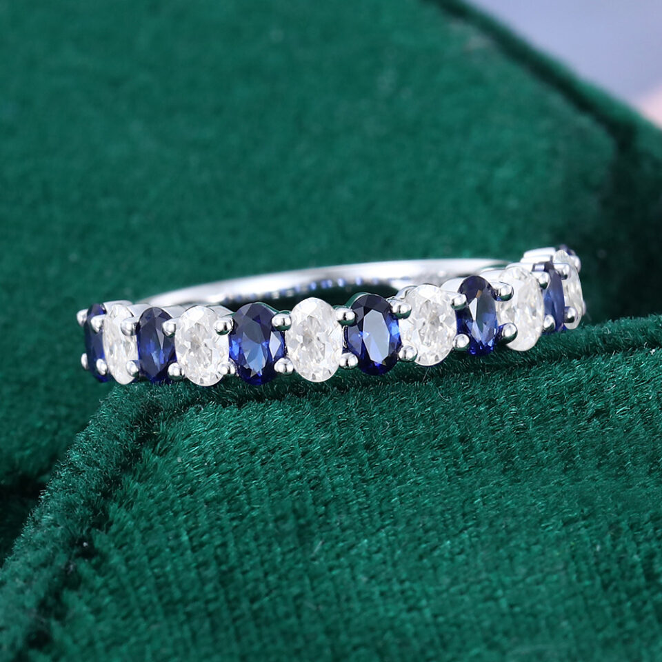 Alternating Sapphire & Moissanite Wedding Band Half Eternity Stacking Ring (3)