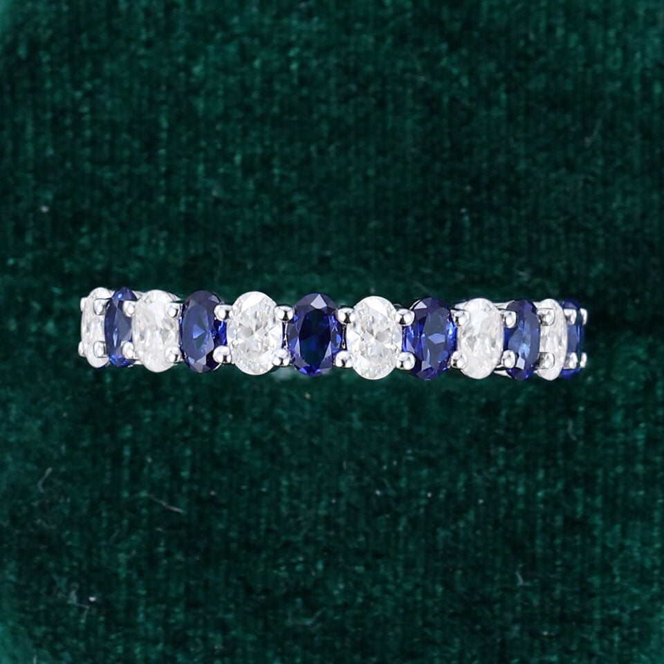 Alternating Sapphire & Moissanite Wedding Band Half Eternity Stacking Ring (5)