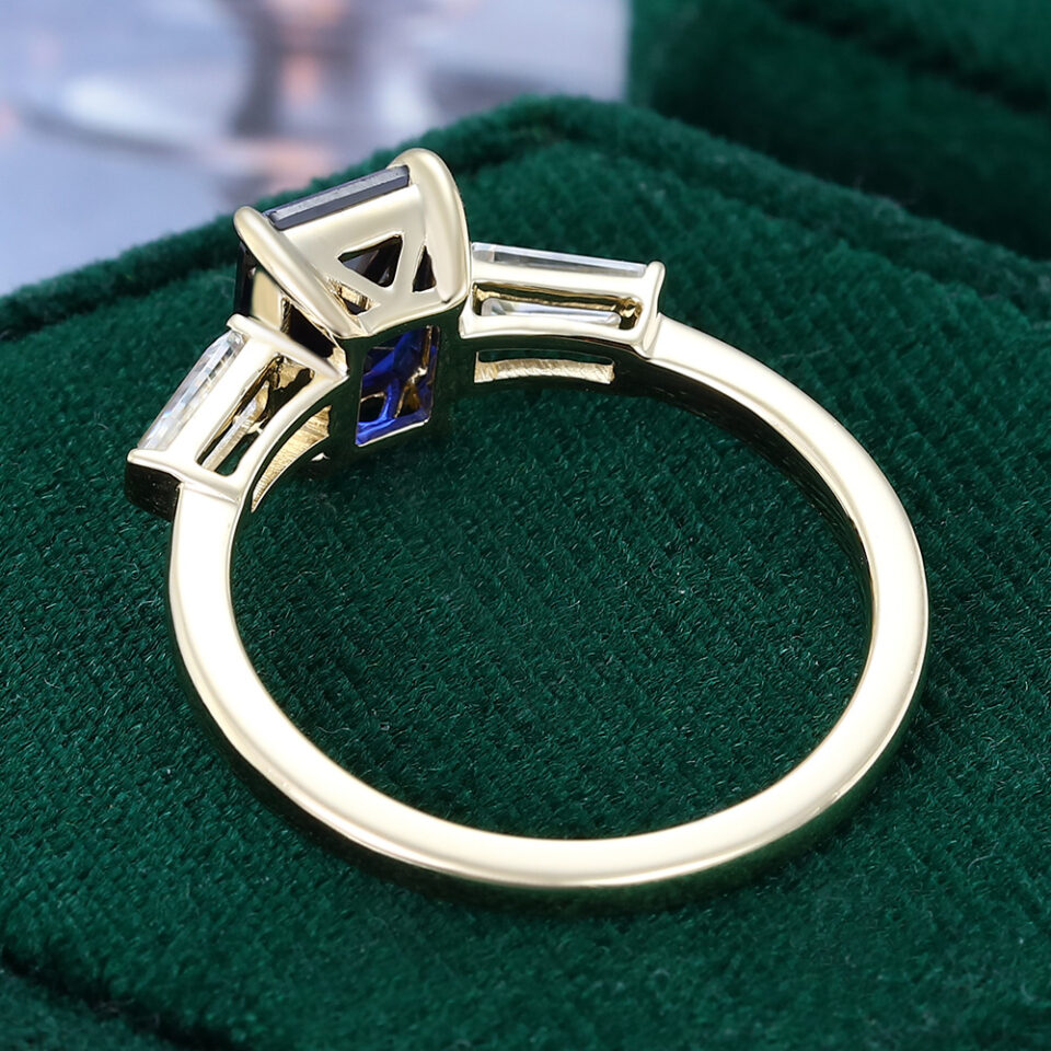 Art Deco Emerald Cut Sapphire Three Stone Engagement Ring with Baguette Accents (5)
