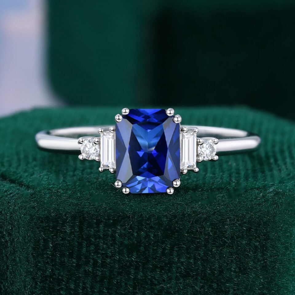 Art Deco Radiant Cut Sapphire Engagement Ring