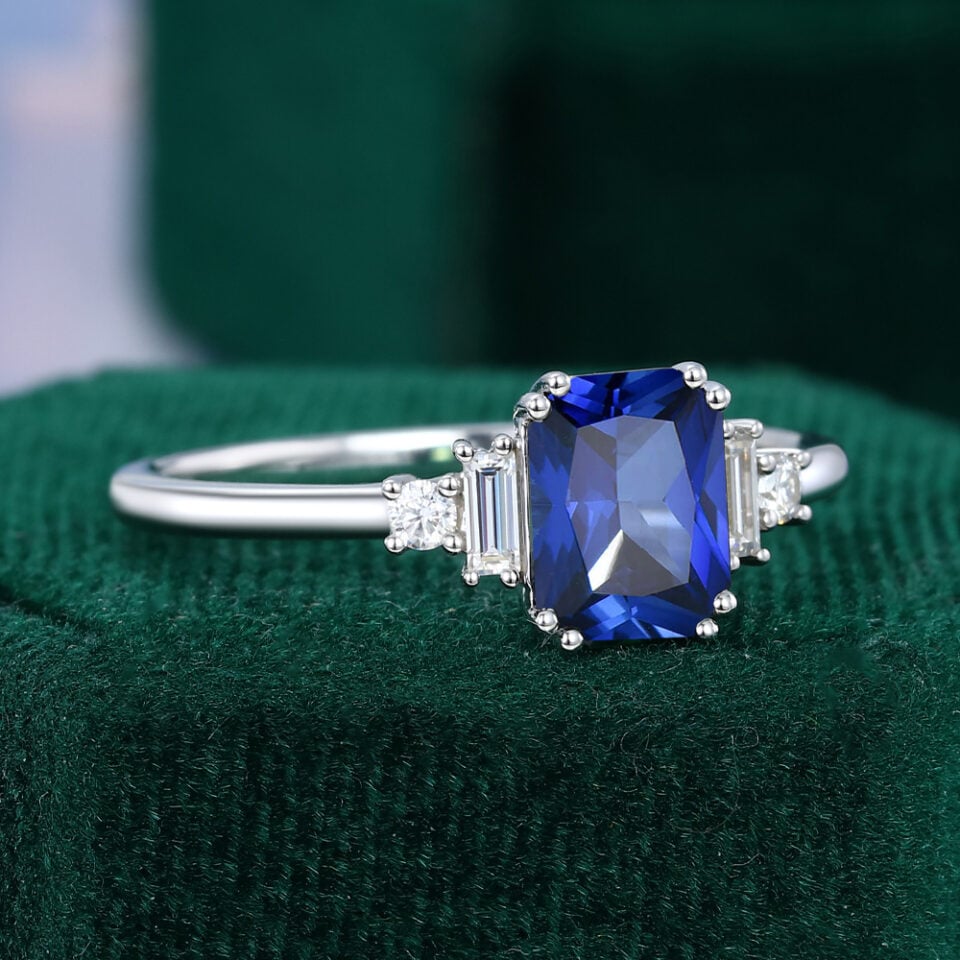Art Deco Radiant Cut Sapphire Engagement Ring with Moissanite Accents (3)