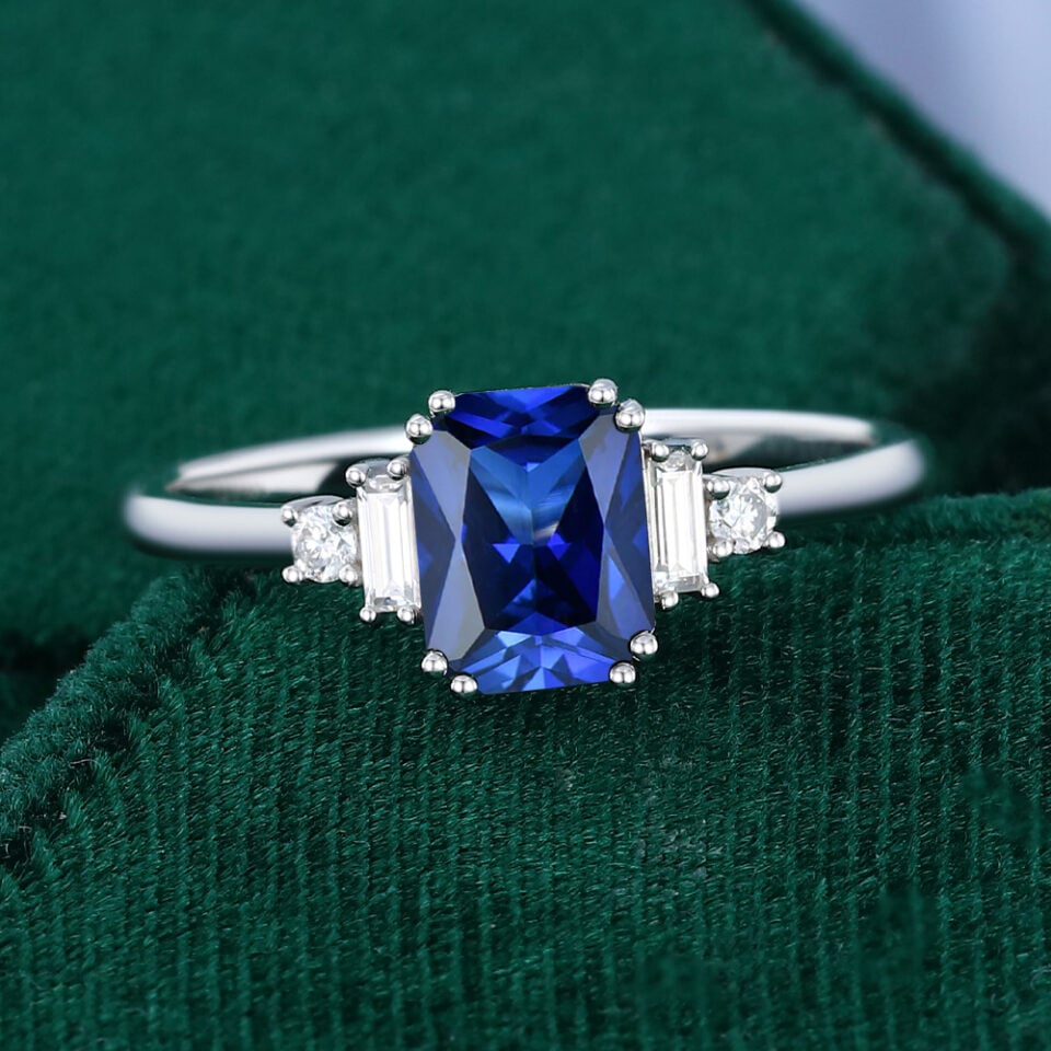 Art Deco Radiant Cut Sapphire Engagement Ring With Moissanite Accents