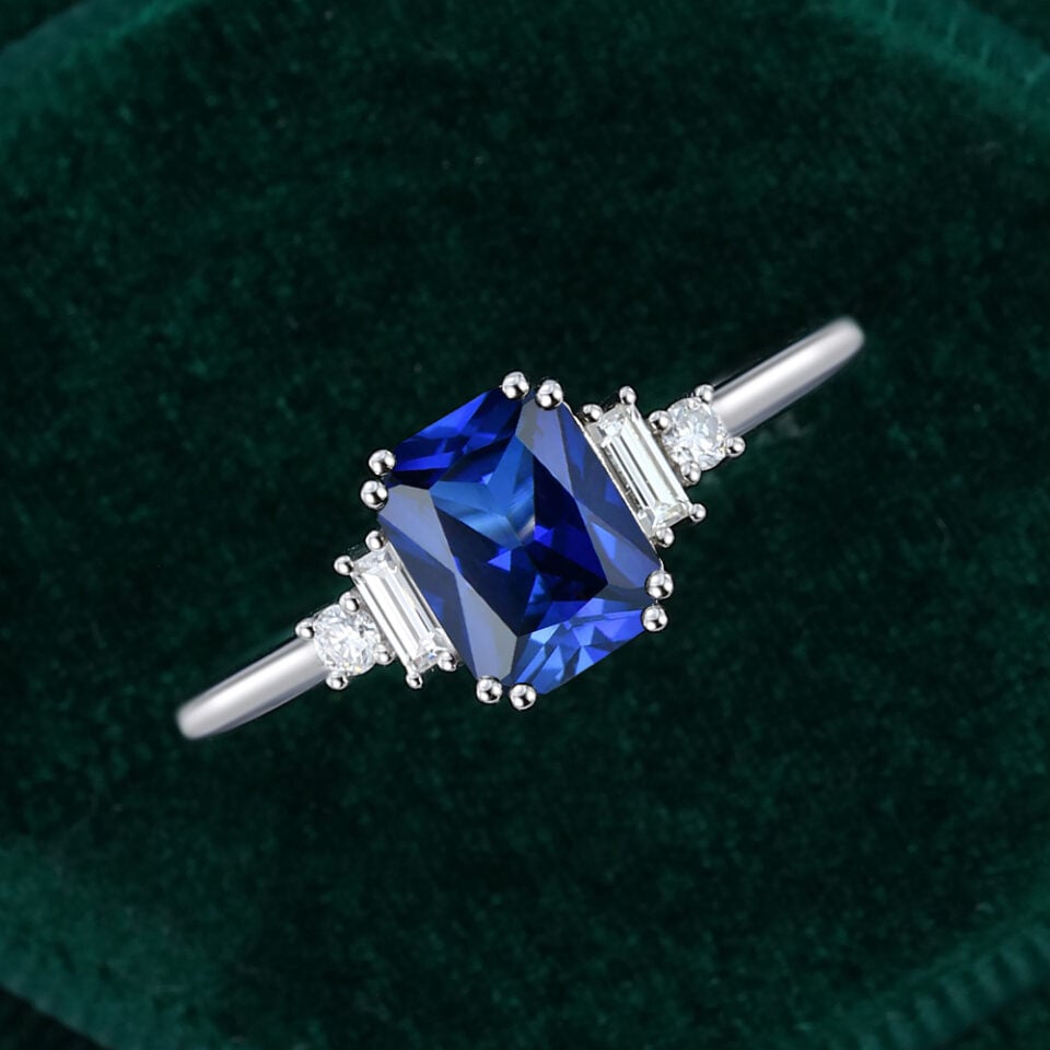 Art Deco Radiant Cut Sapphire Engagement Ring with Moissanite Accents (5)