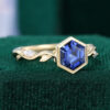 Bezel Set Hexagon Cut Sapphire Engagement Ring With Alternating Leaf Band (12)