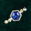Bezel Set Hexagon Cut Sapphire Engagement Ring With Alternating Leaf Band (13)
