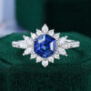 Hexagon Cut Sapphire Sunburst Halo Engagement Ring with Hidden Detail