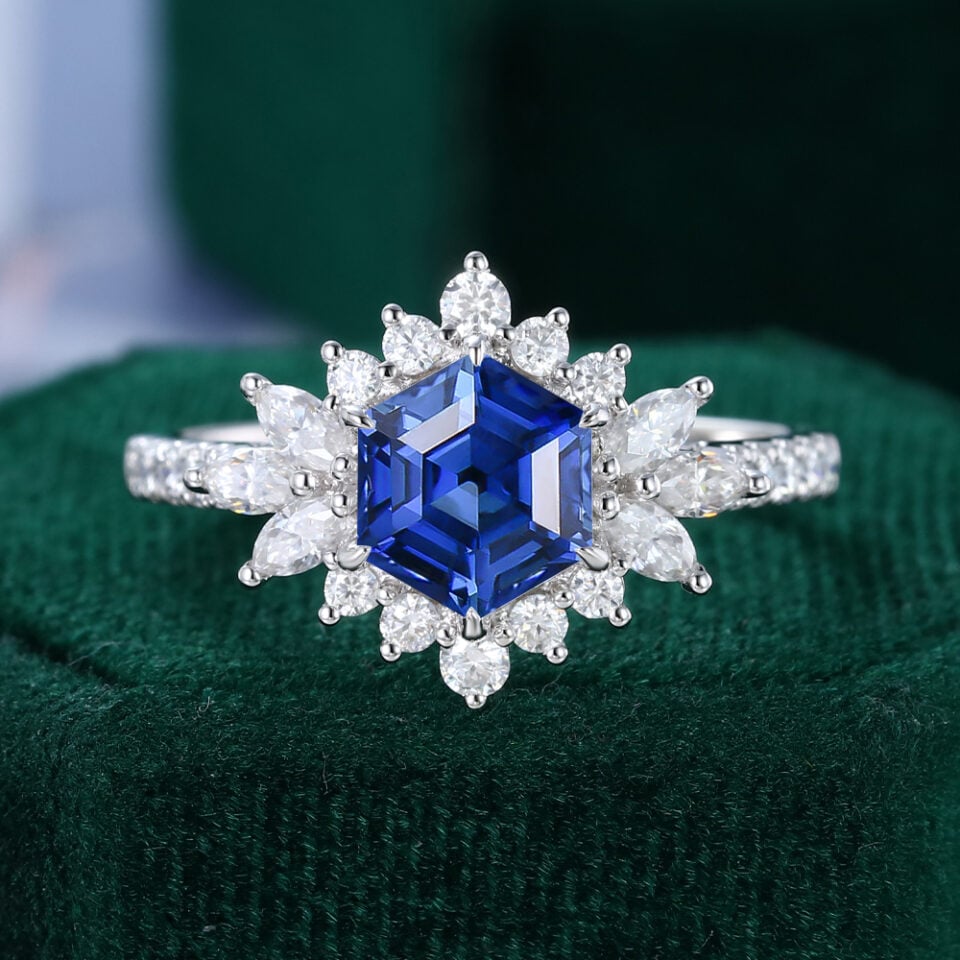 Hexagon Cut Sapphire Sunburst Halo Engagement Ring with Hidden Detail