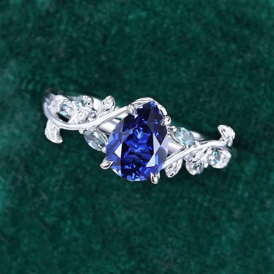 LeafLace Pear Cut Sapphire Engagement Ring with Alexandrite Accents (25)