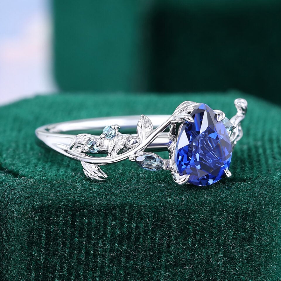 LeafLace Pear Cut Sapphire Engagement Ring with Alexandrite Accents (29)