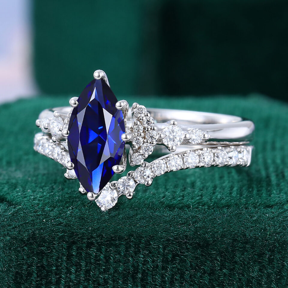 Marquise Cut Sapphire Bridal Ring Set Cluster Engagement Ring Set (17)