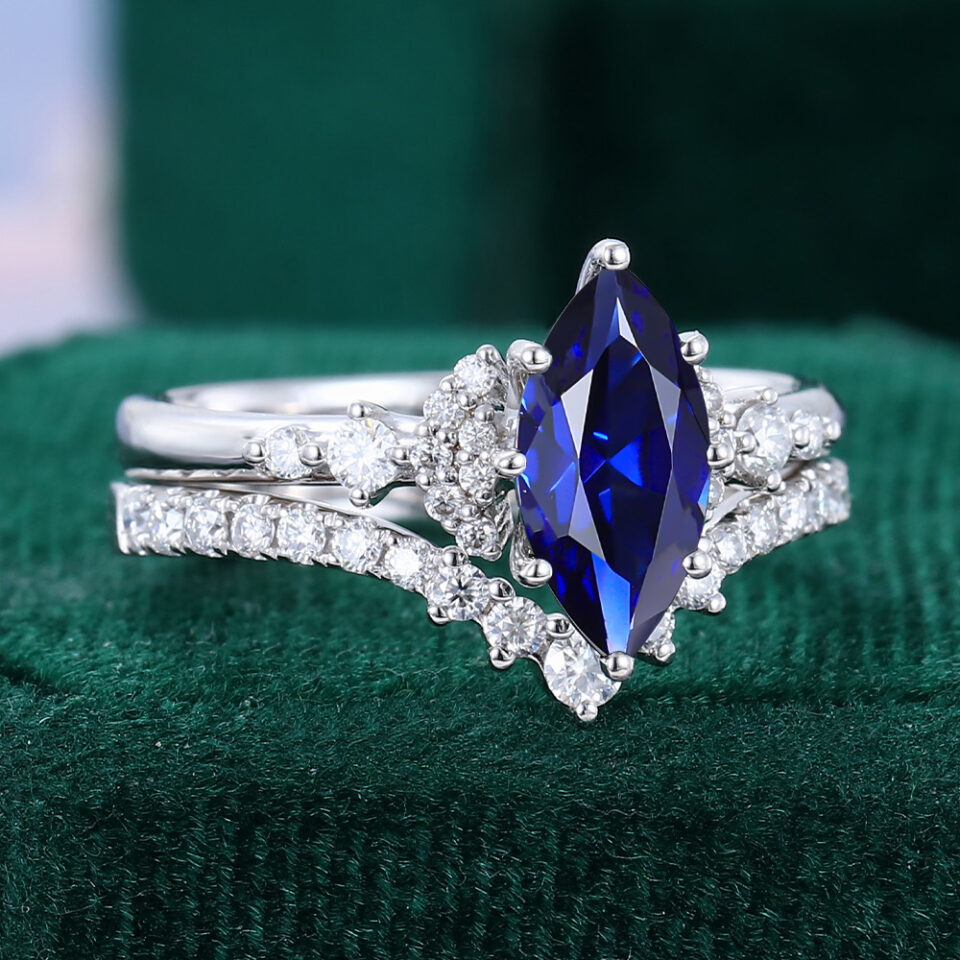 Marquise Cut Sapphire Bridal Ring Set Cluster Engagement Ring Set (18)