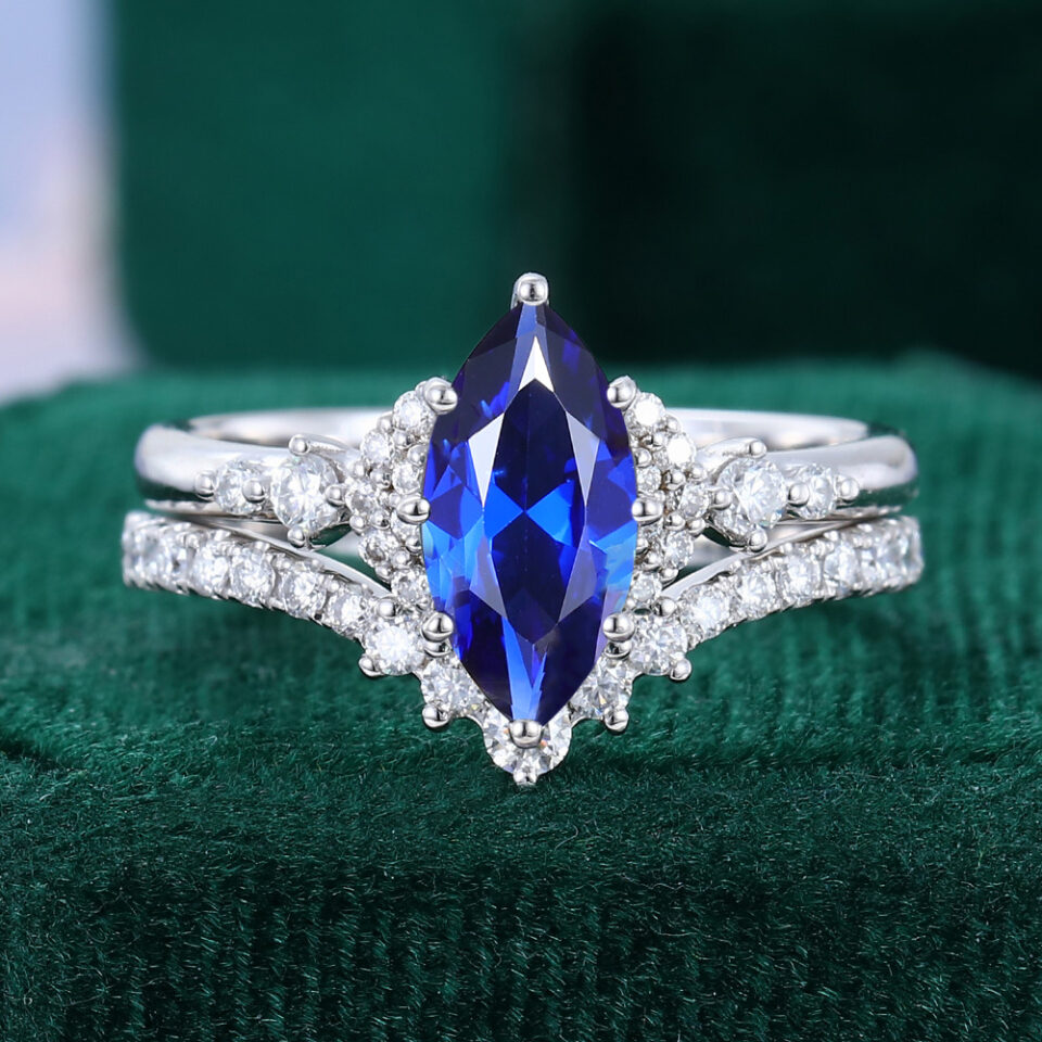Marquise Cut Sapphire Bridal Ring Set 2PCS Cluster Engagement Ring Set