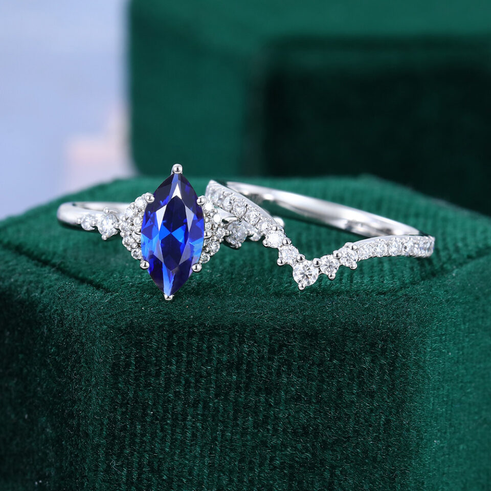Marquise Cut Sapphire Bridal Ring Set Cluster Engagement Ring Set (20)