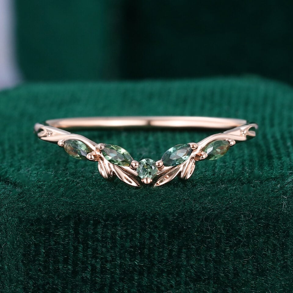 Nature Inspired Green Blue Sapphire Curved Wedding Band Leafy Stacking Ring