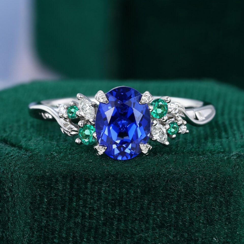 Nature Inspired Oval Cut Sapphire Cluster Engagement Ring