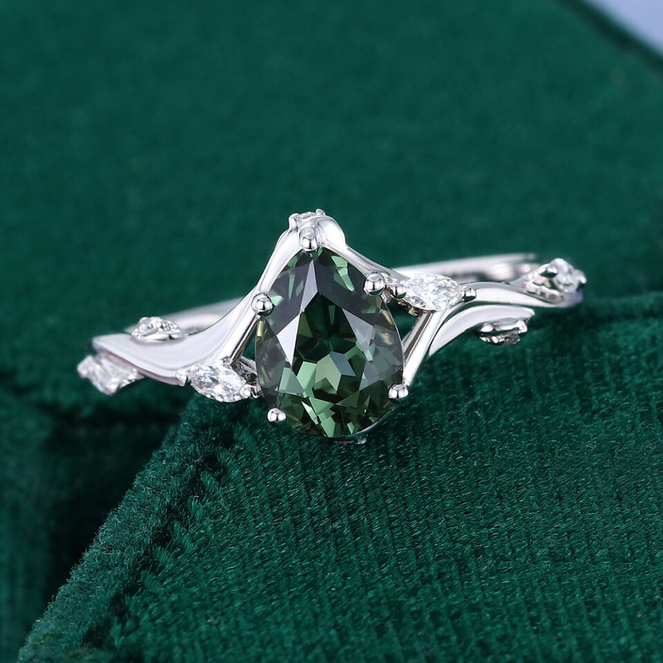 Nature Inspired Pear Cut Green Sapphire Engagement Ring with Split Leaf Band (3)