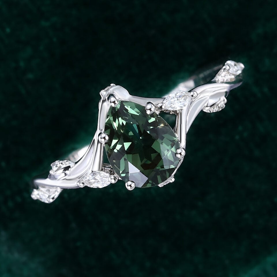 Nature Inspired Pear Cut Green Sapphire Engagement Ring with Split Leaf Band (4)