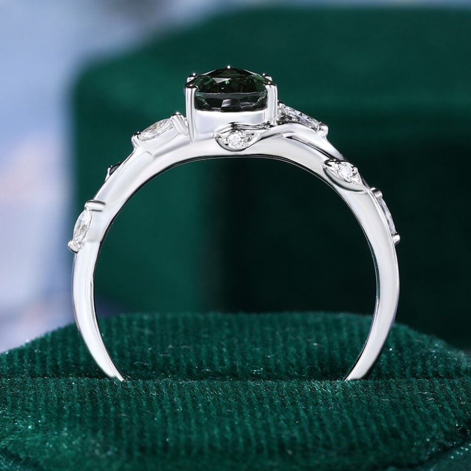 Nature Inspired Pear Cut Green Sapphire Engagement Ring with Split Leaf Band (5)