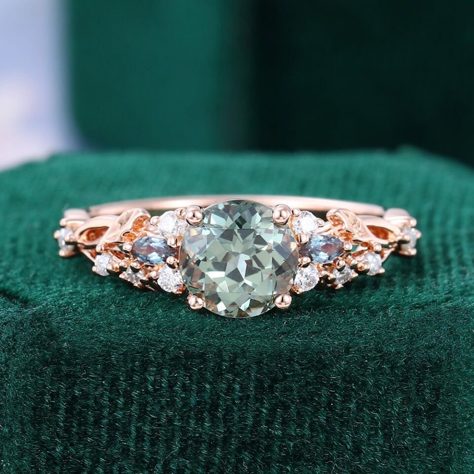 Nature Inspired Round Cut Green Sapphire Leaf Engagement Ring With Split Shank