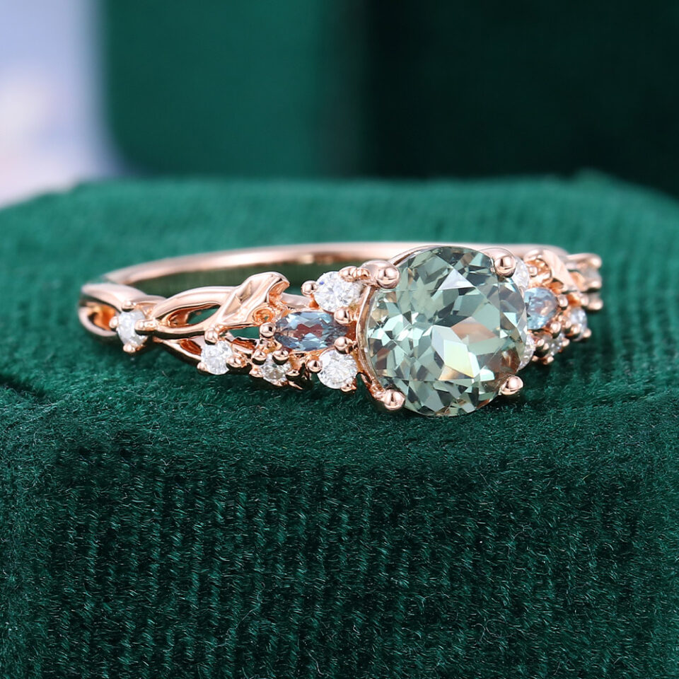 Nature Inspired Round Cut Green Sapphire Leaf Engagement Ring With Split Shank (17)