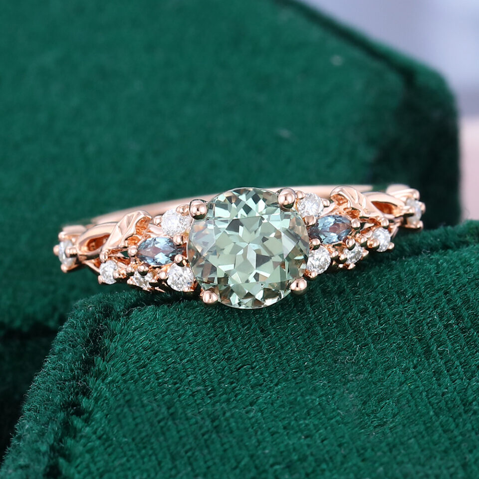 Nature Inspired Round Cut Green Sapphire Leaf Engagement Ring With Split Shank (18)