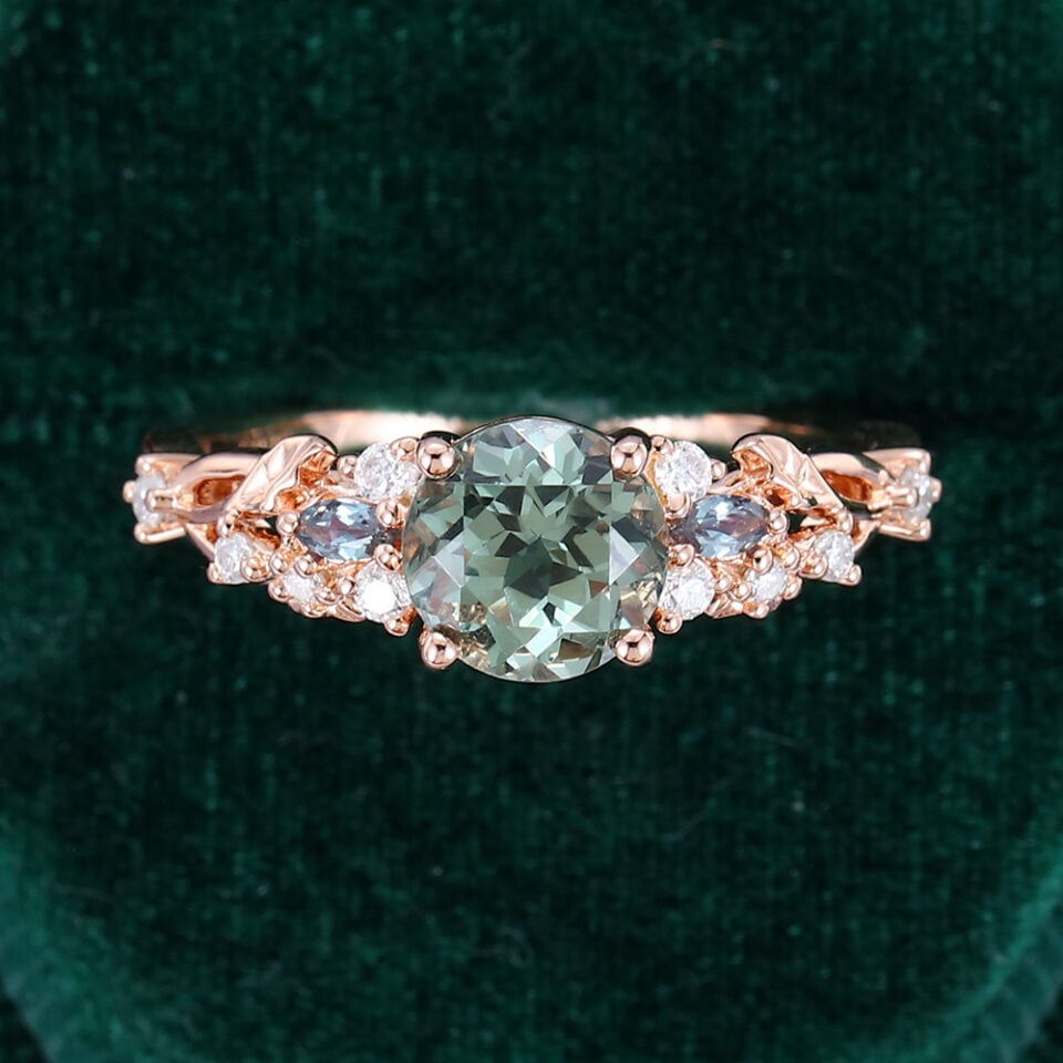 Nature Inspired Round Cut Green Sapphire Leaf Engagement Ring With Split Shank (20)