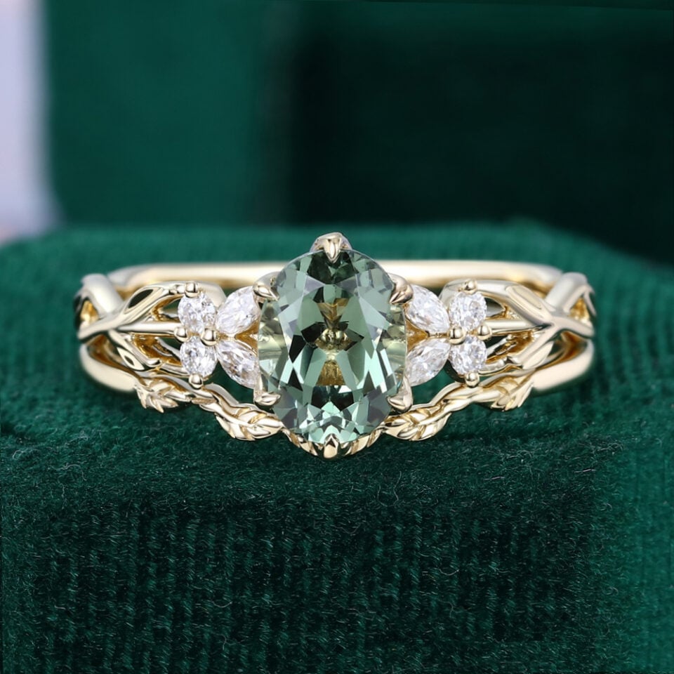 Oval Cut Green Sapphire Cluster Bridal Ring Set 2PCS Nature Themed Leaf Ring Set