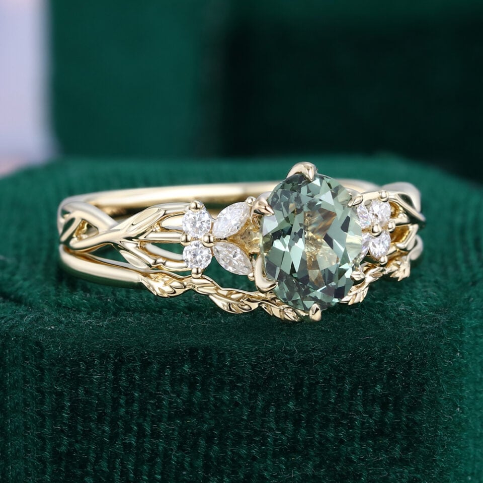 Oval Cut Green Sapphire Cluster Bridal Ring Set 2PCS Nature Themed Leaf Ring Set (21)
