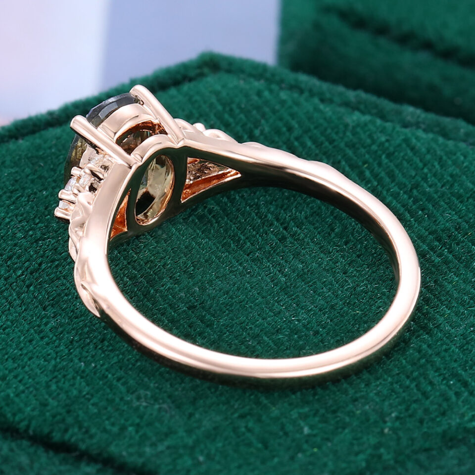 Oval Cut Green Sapphire Engagement Ring Nature Themed Leaf Ring (12)