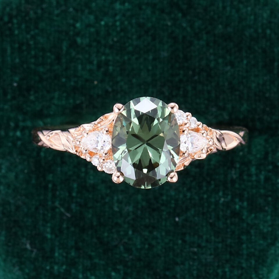 Oval Cut Green Sapphire Engagement Ring Nature Themed Leaf Ring (13)