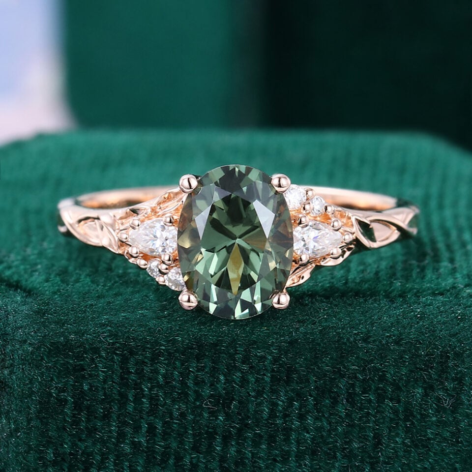 Oval Cut Green Sapphire Engagement Ring Nature Themed Leaf Ring