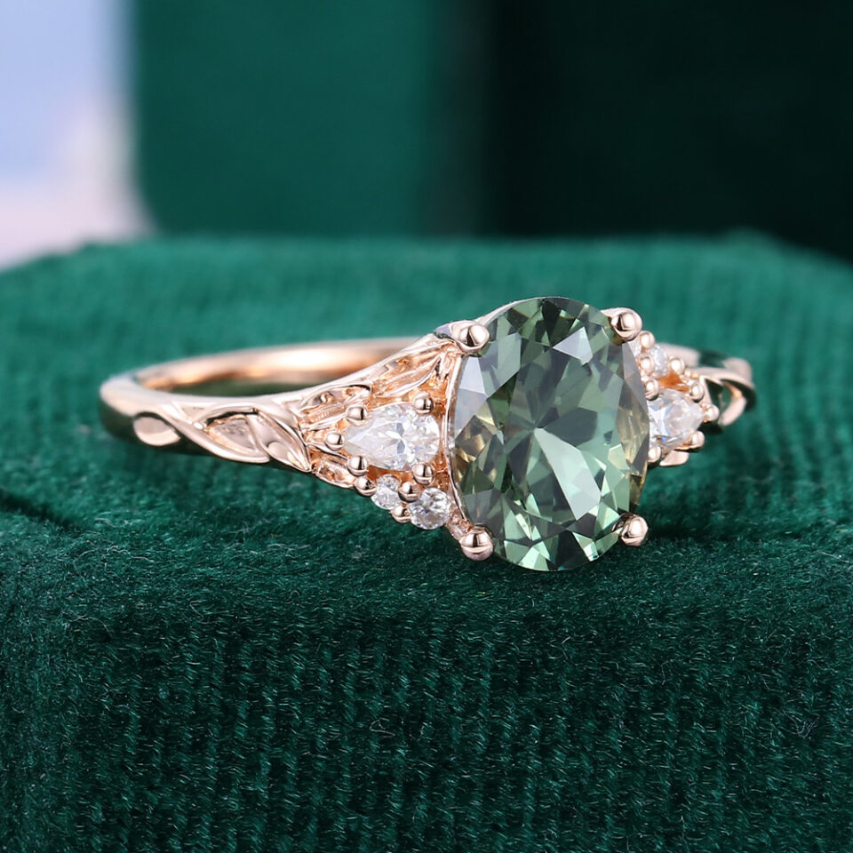Oval Cut Green Sapphire Engagement Ring Nature Themed Leaf Ring (16)