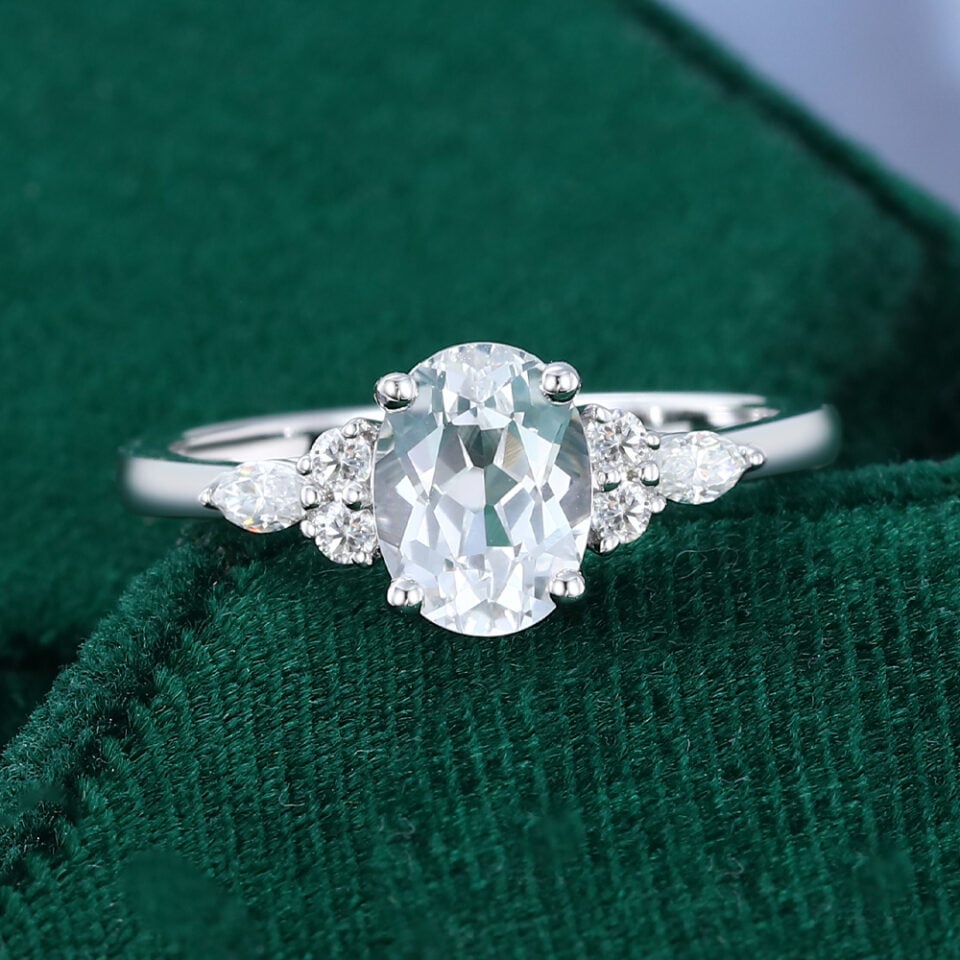 Oval Cut White Sapphire Classic Cluster Engagement Ring (28)