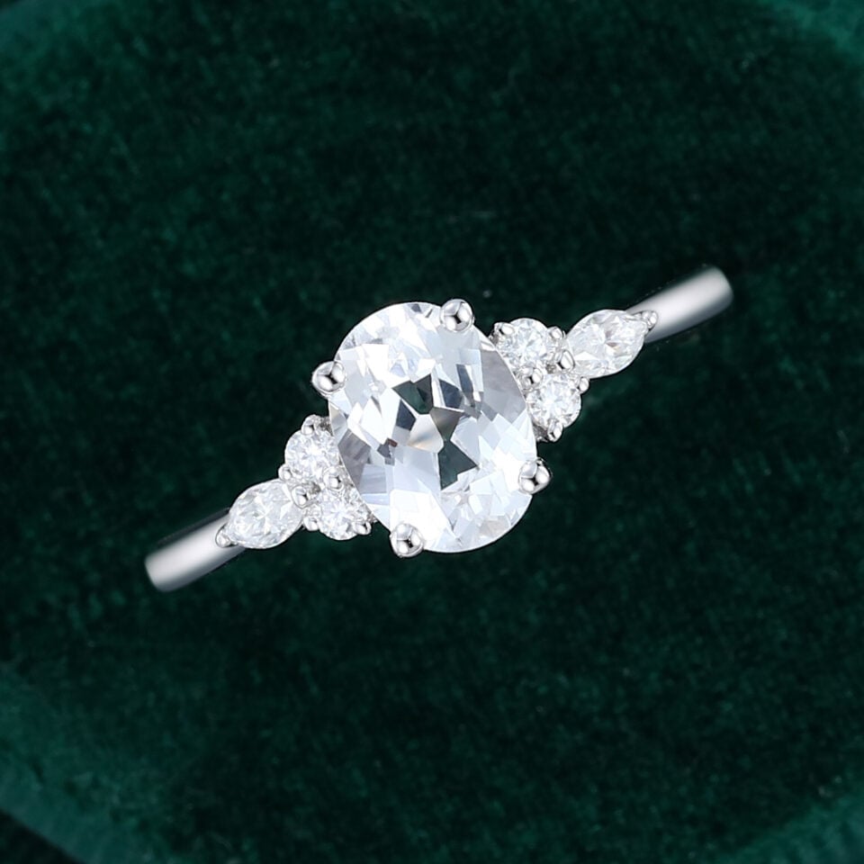 Oval Cut White Sapphire Classic Cluster Engagement Ring