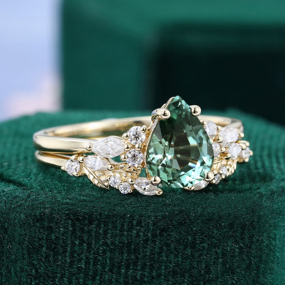 Pear Cut Green Sapphire Bridal Ring Set with Nature Inspired Leaf Band (1)
