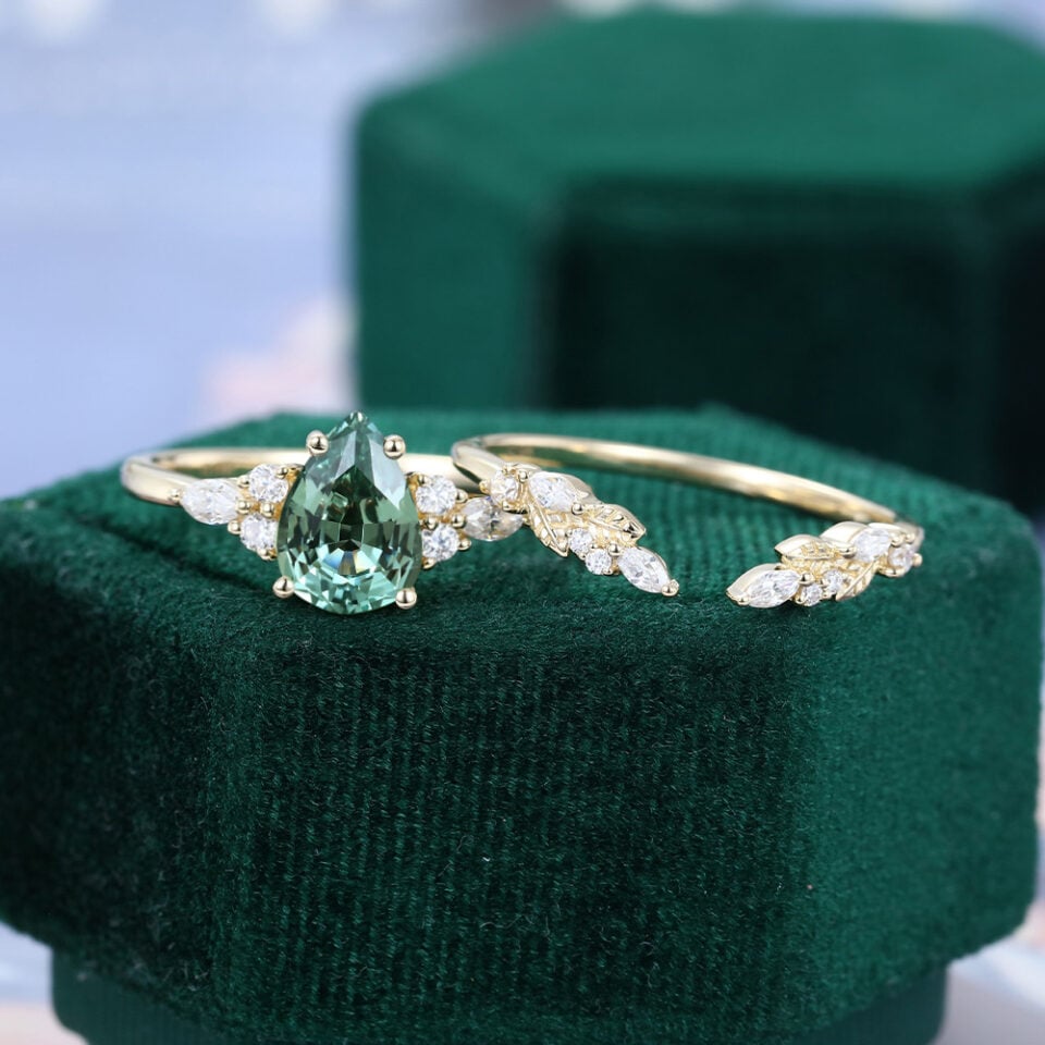Pear Cut Green Sapphire Bridal Ring Set with Nature Inspired Leaf Band (3)