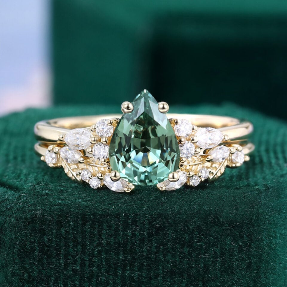 Pear Cut Green Sapphire Bridal Ring Set with Nature Inspired Leaf Band