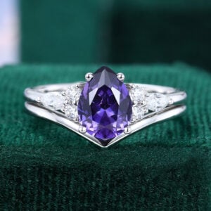 Pear Cut Purple Sapphire Cluster Unique Engagement Ring Set