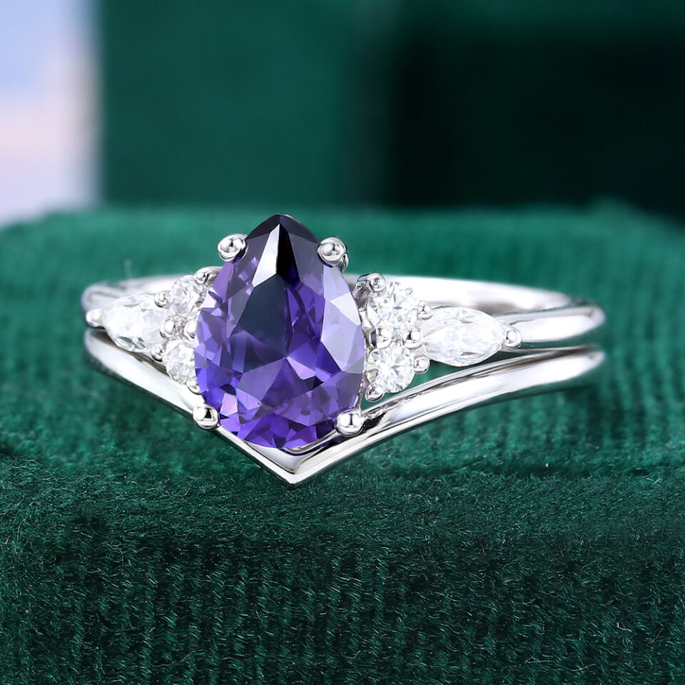 Pear Cut Purple Sapphire Cluster Bridal Ring Set 2PCS Unique Engagement Ring Set (8)