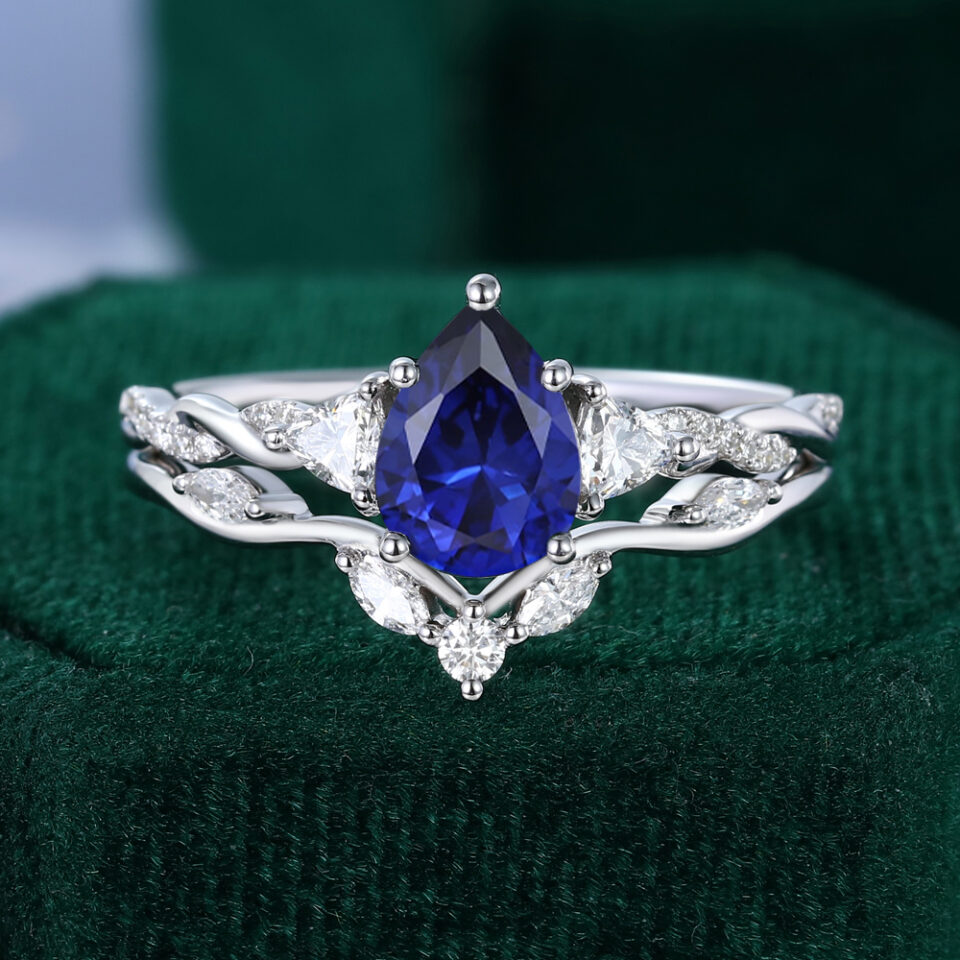 Pear Cut Sapphire Bridal Ring Set Twisted Design Wedding Ring Set