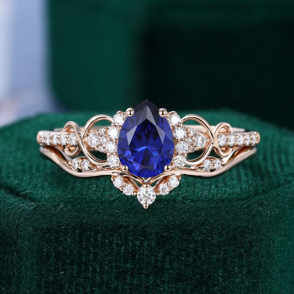 Pear Cut Sapphire Infinity Engagement Ring Set 2PCS Unique Bridal Ring Set