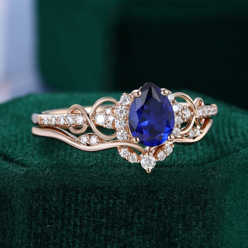 Pear Cut Sapphire Infinity Engagement Ring Set 2PCS Unique Bridal Ring Set (19)