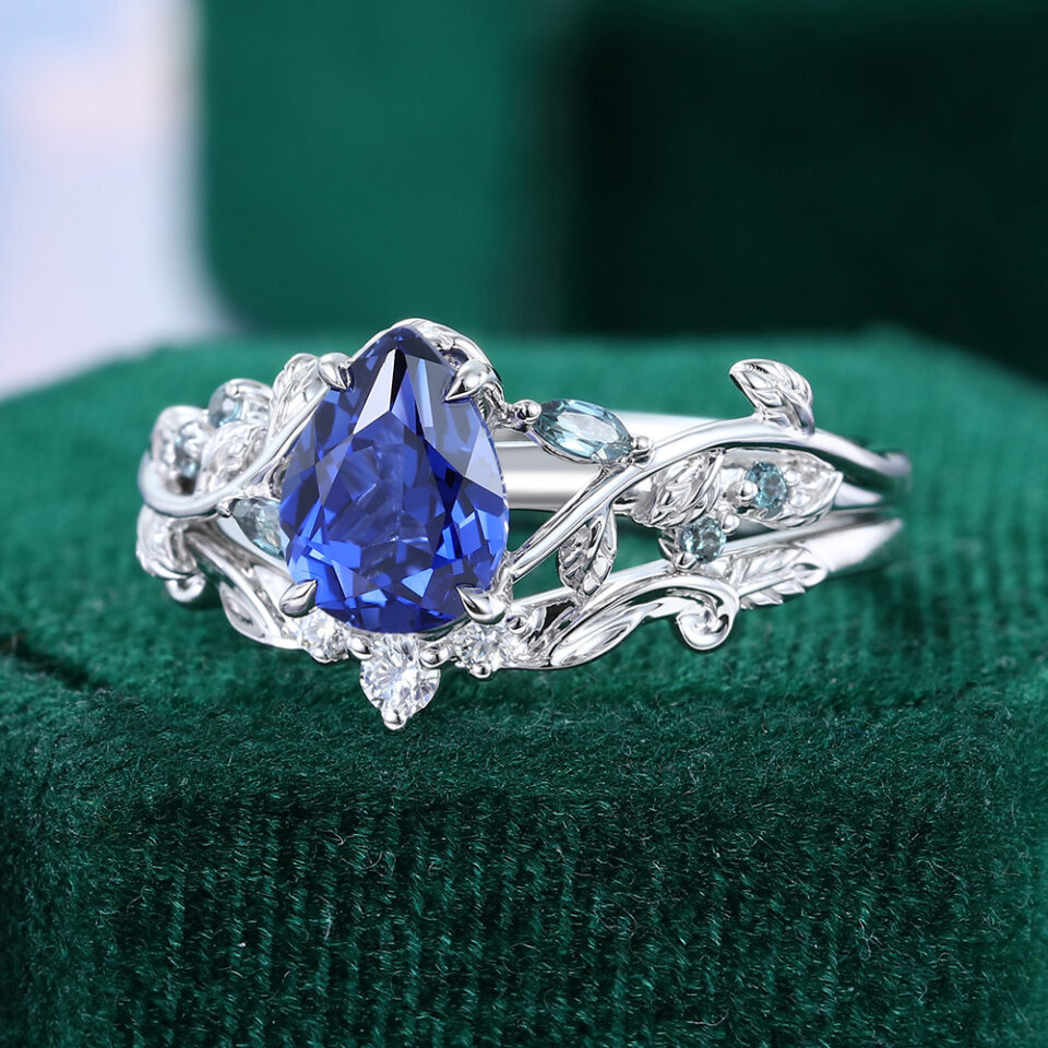 Pear Cut Sapphire Nature Themed Bridal Ring Set with Leaf Accents (10)