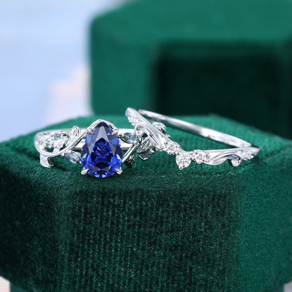 Pear Cut Sapphire Nature Themed Bridal Ring Set with Leaf Accents (12)